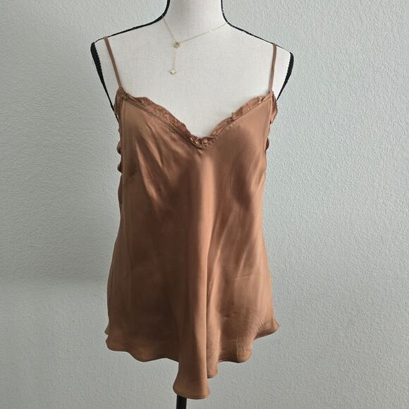 Aritzia Wilfred Cupro Silky Cami Top M Golden Tan Lace Trim Spaghetti Strap - Picture 1 of 7